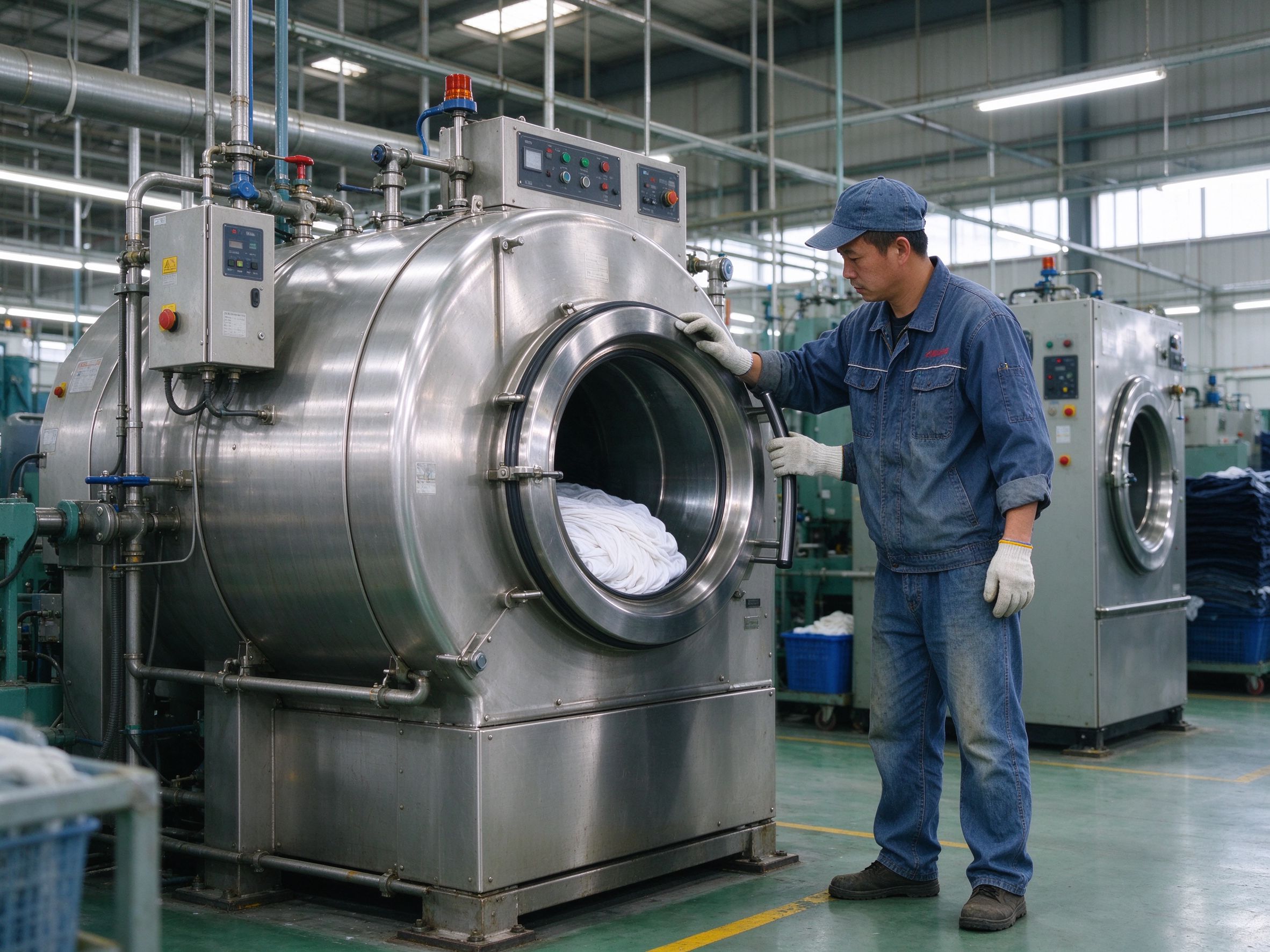 Worker operating industrial washer