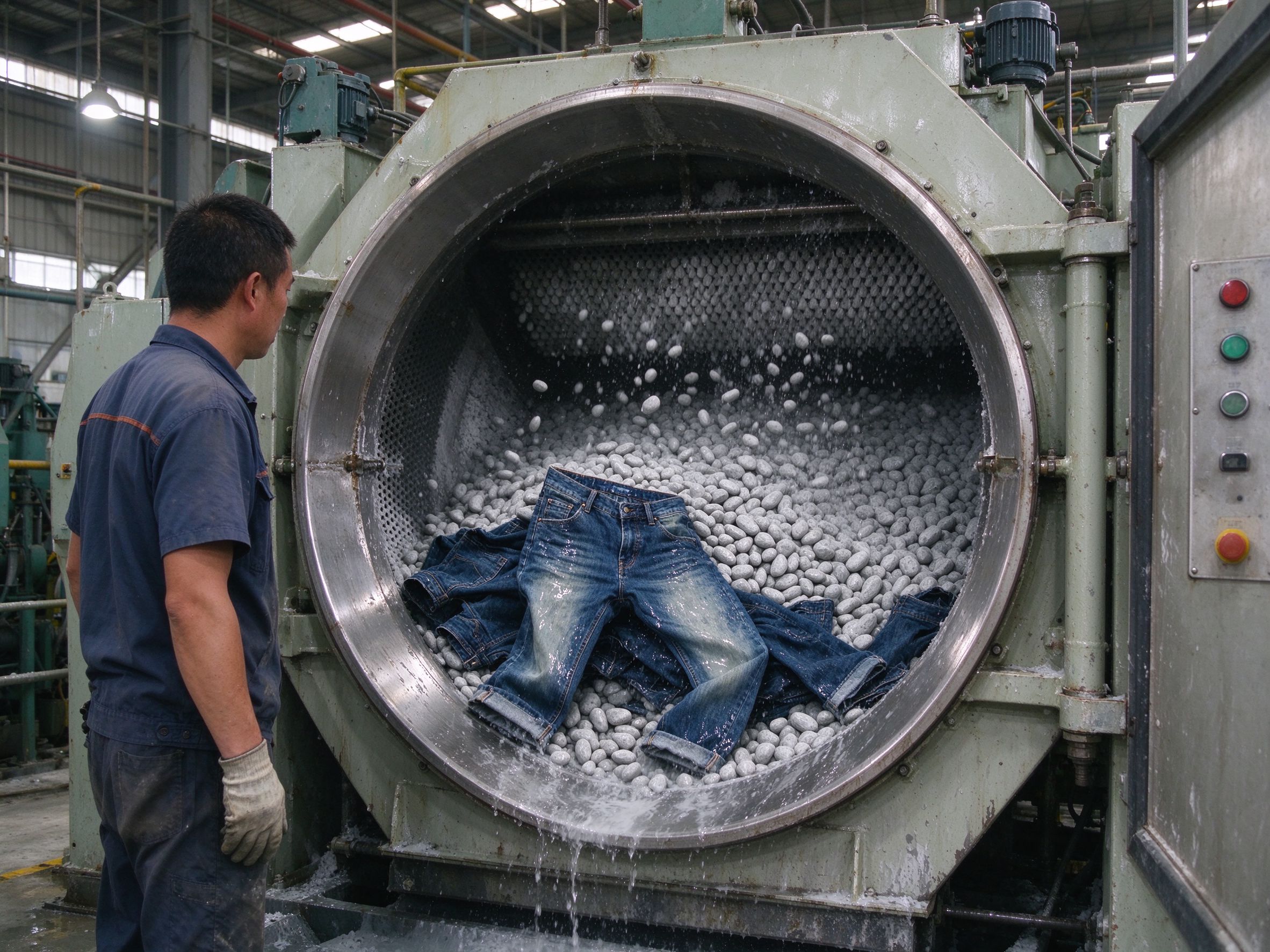 Stone wash machine with jeans and media