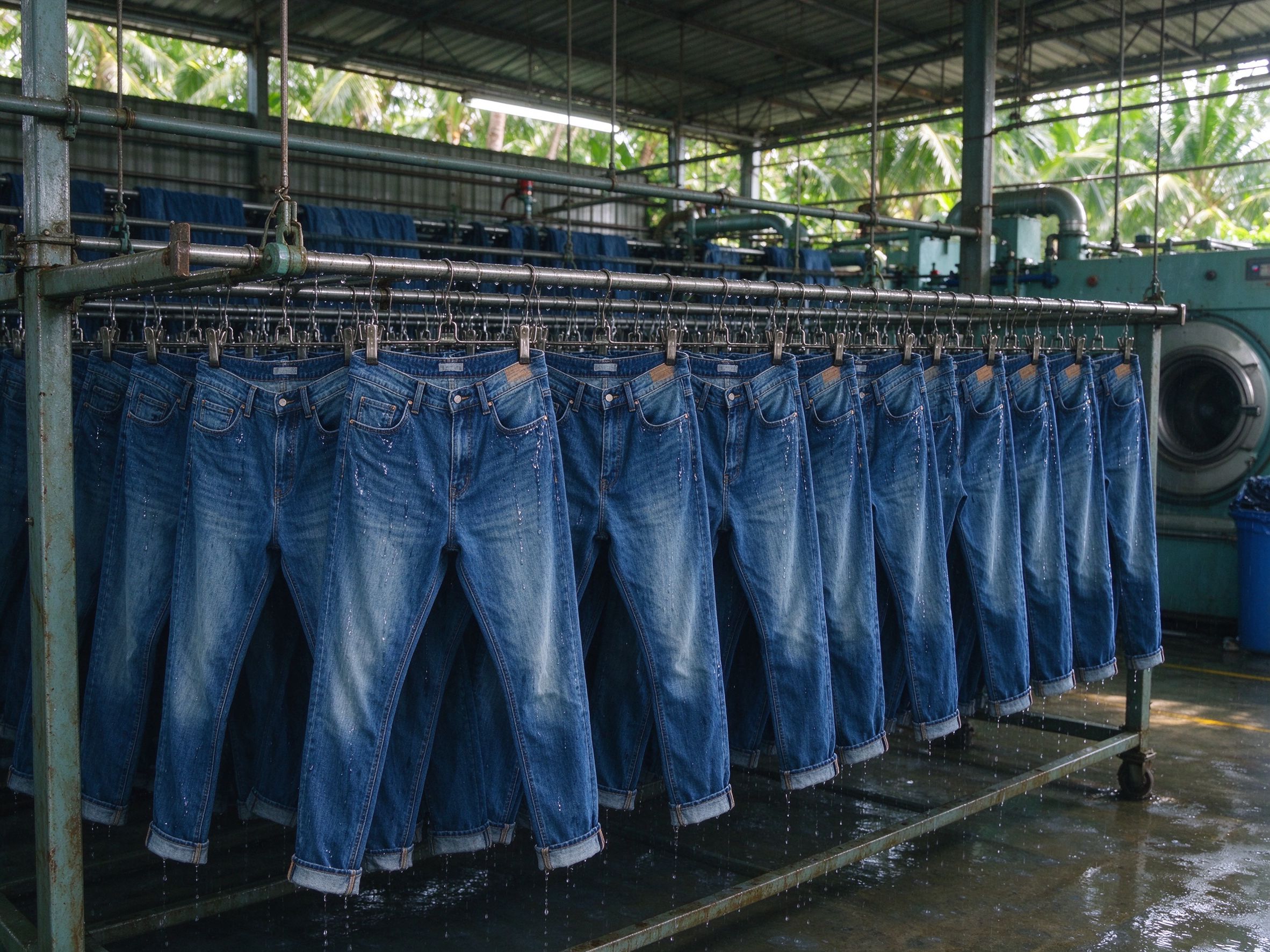 Wet jeans hanging on drying racks
