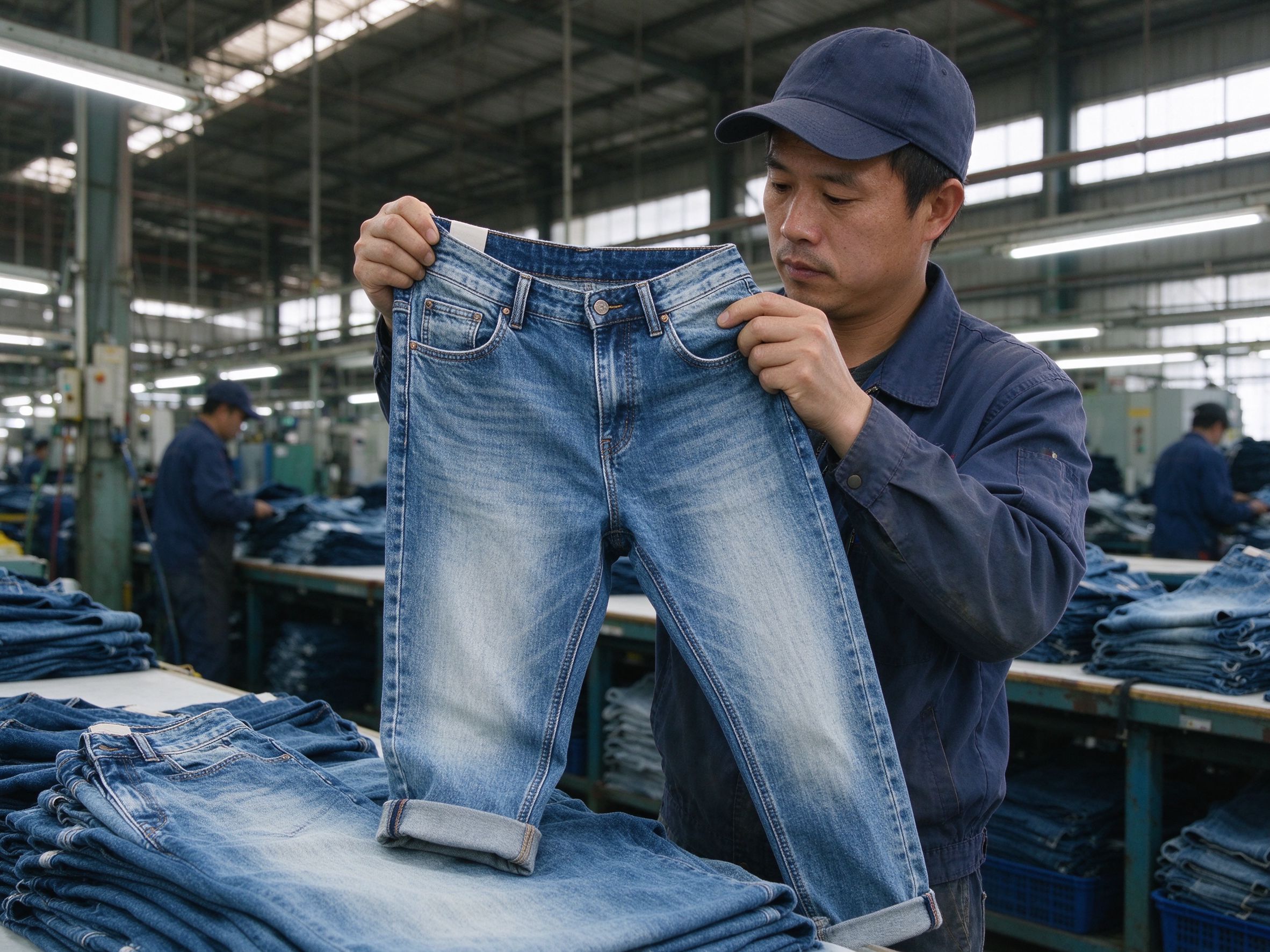 Worker inspecting finished jeans