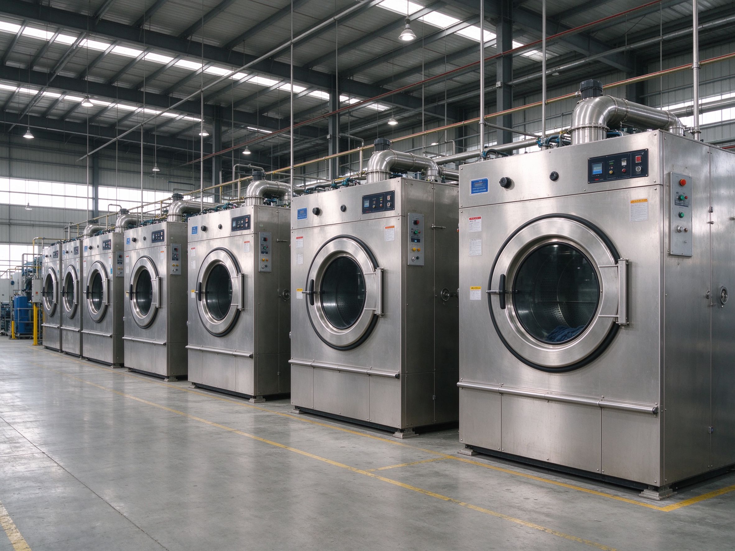 Row of industrial washing machines