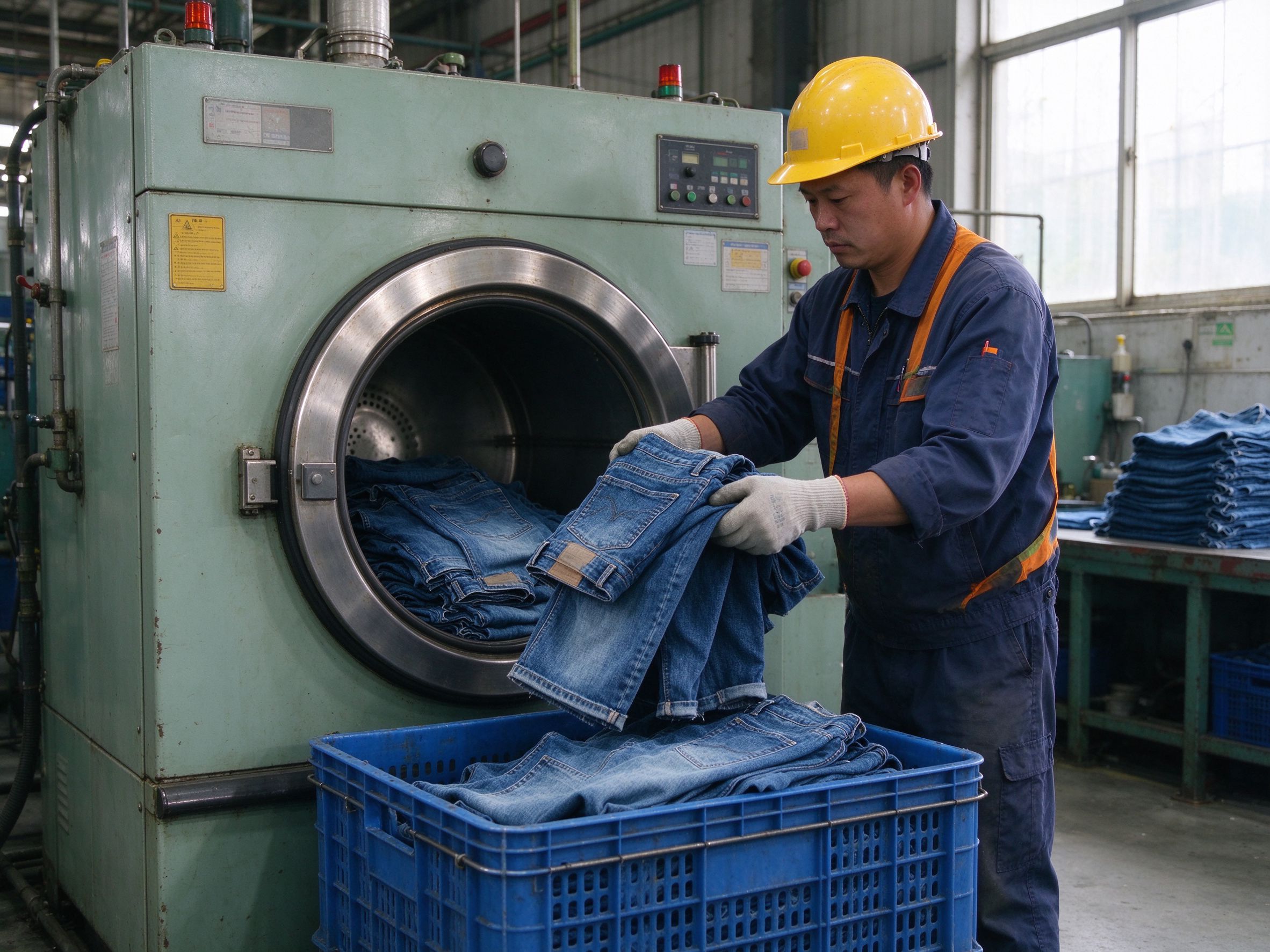 Worker loading jeans into washer